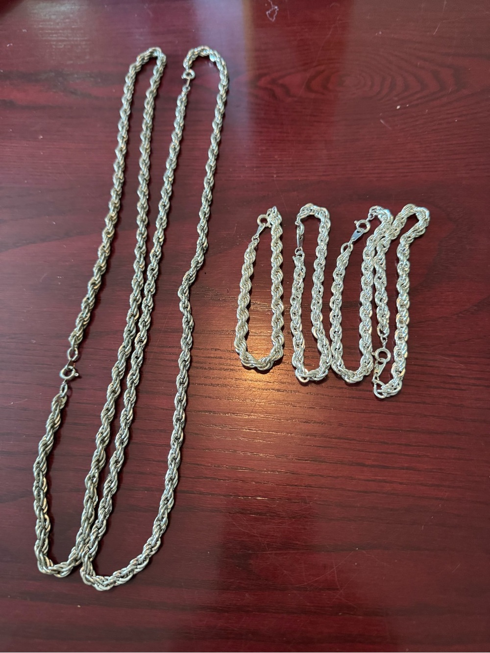 Silver Tone Rope Chain Necklace and Bracelet Set Shiny Silver 6 Pieces, Costume